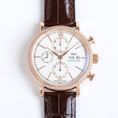 IWC annual calendar replica Portofino 42*13.5mm Dandong 7750 Movement Diamond Bezel Calfskin Leather Strap White/Blue/Grey Face Men Watch